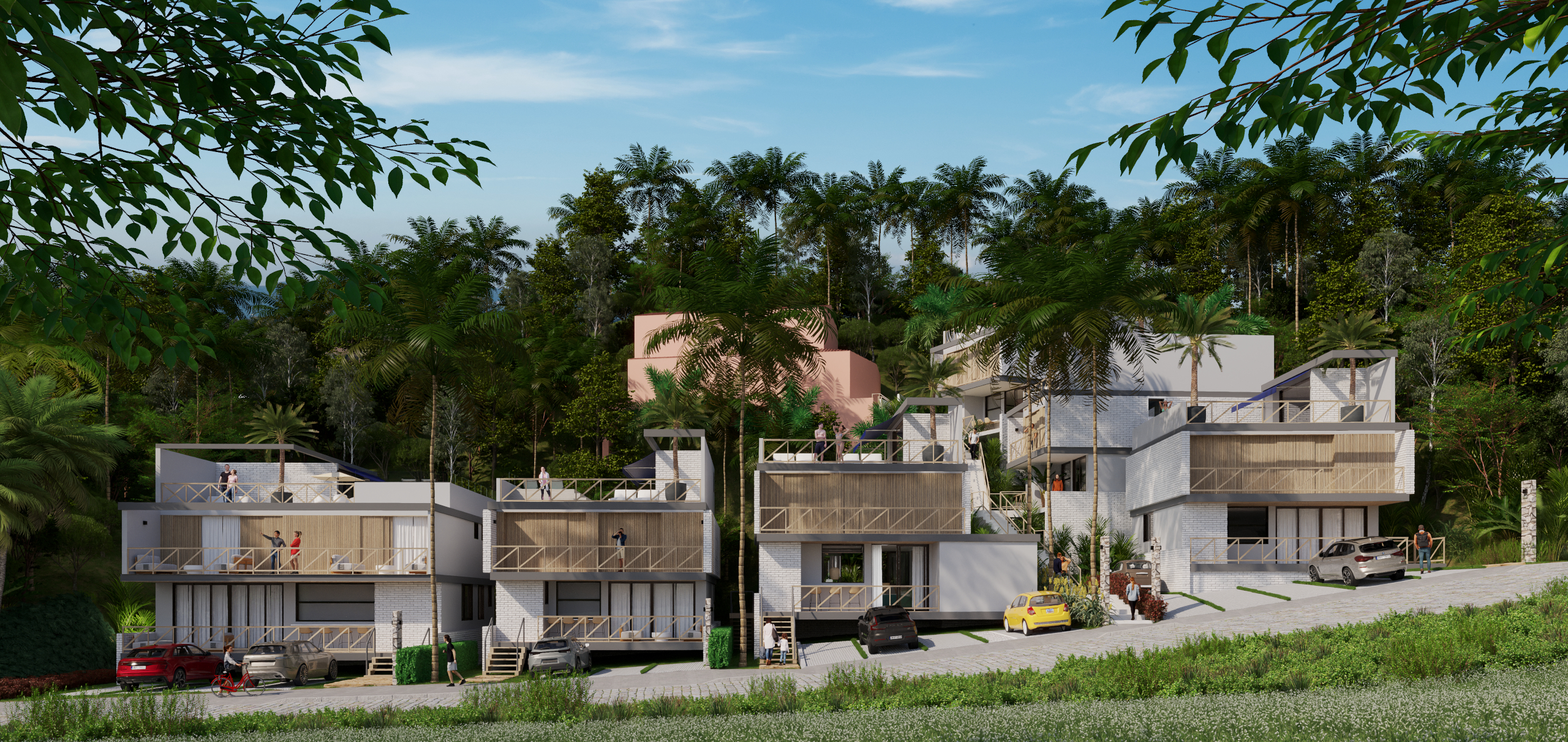 Render panorâmico do empreendimento Brisa do Sahy cercado por vegetação